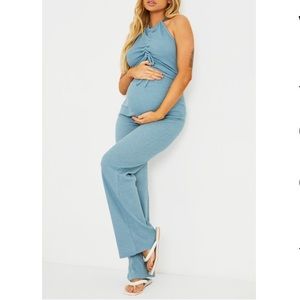 PLT Maternity Ruched Halter and Wide Leg Pants Set in Light Blue - Size 8